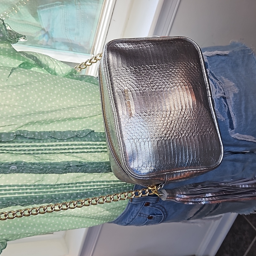Victoria's Secret Metallic Silver Tassel Crossbody with Gold Tone Chain